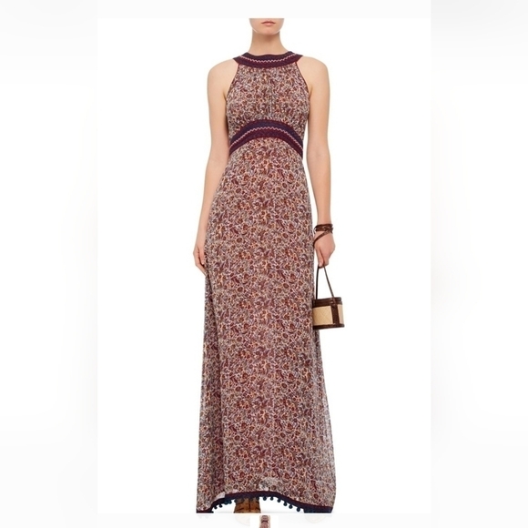 Talitha Silk Maxi Dress Medium Floral Boho Hand Beaded Pom Pom Hemline - Picture 16 of 16